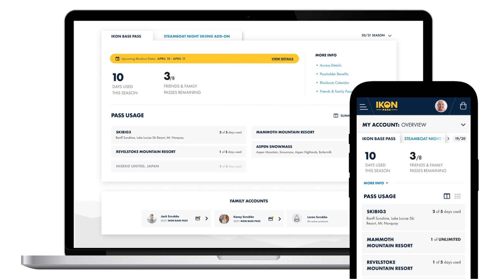 Desktop and mobile mockups of the redesigned Ikon Passholder Portal