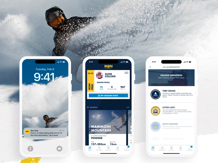 Screenshots of the Ikon Pass mobile app