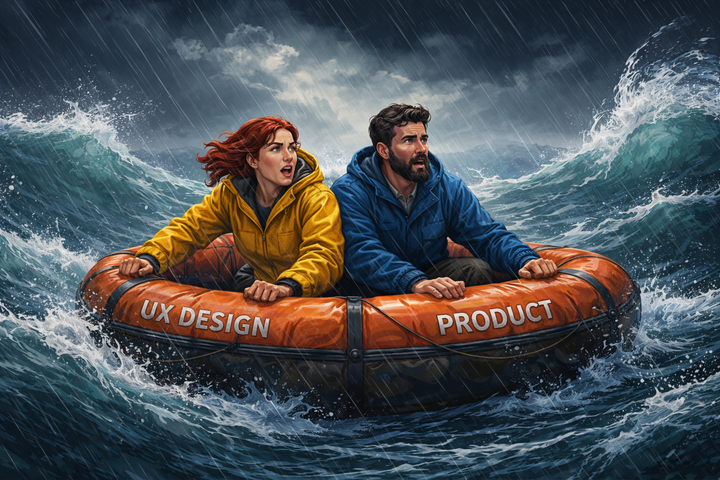 UX Design + Product together on a life raft, surrounded by a storm.
